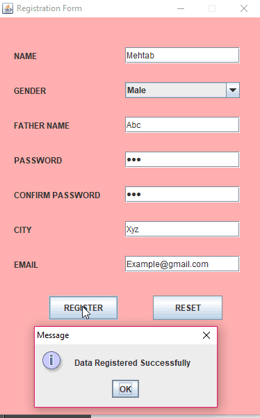 Registration form in java with database connectivity