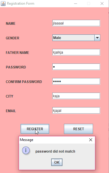 Registration form in java with database connectivity