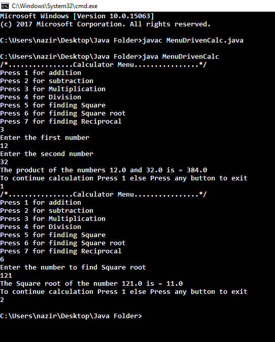 Menu Driven Calculator Program in Java Using if-else