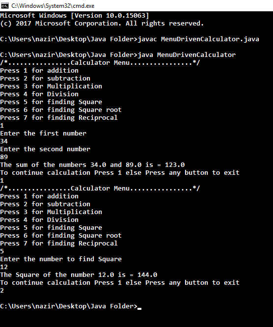 Menu Driven Calculator Program in Java using Switch Case